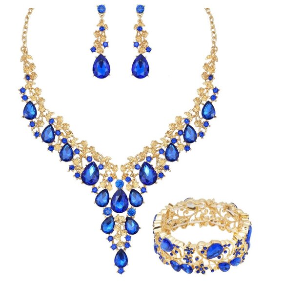 Jewelry - Elegant Crystal Jewelry Set Flower Bridal Necklace Earrings Bangle Wedding